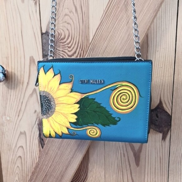 Artisan Blue Crossbody Bag with Sunflower Design - Picture 2 of 13